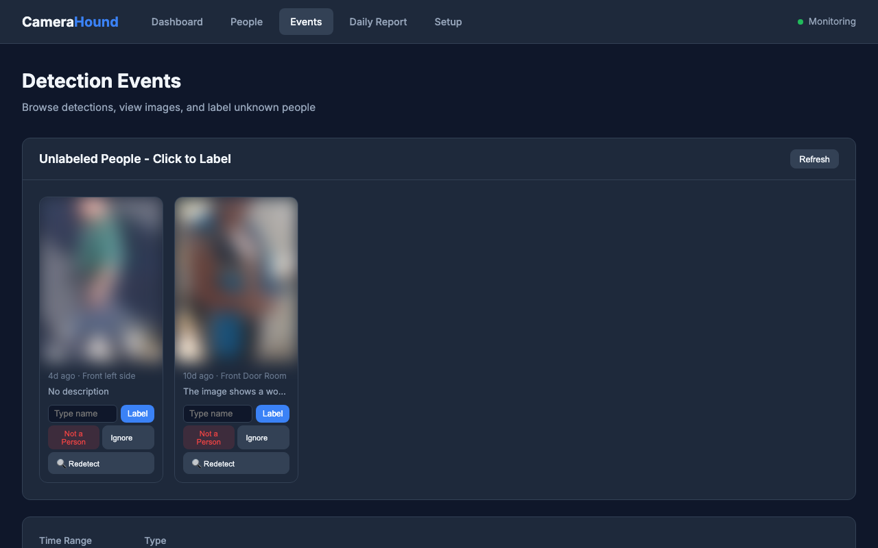 Detection Events page showing unlabeled person detections with labeling tools