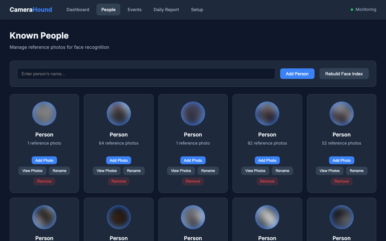 Known People page with face recognition cards and reference photo management