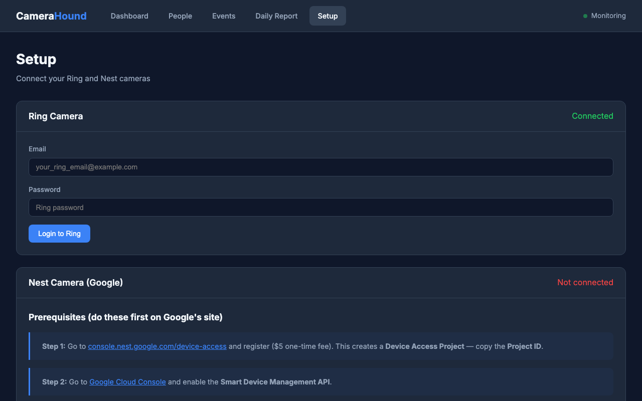 Setup page for connecting Ring and Nest camera accounts